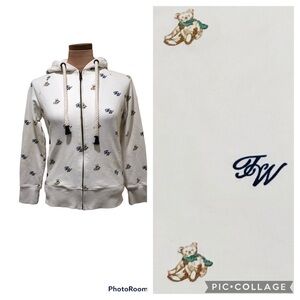 Teenie Weenie Full Zip Teddy Bear Logo Print Hood Sweatshirt Hoodie Cream Medium